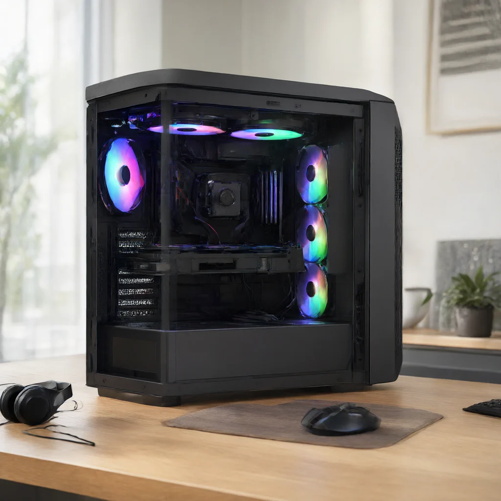 نمای مفهومی میز کار با کیس کامپیوتر ایکس پی جی INVADER X BTF ARGB Mid Tower مشکی