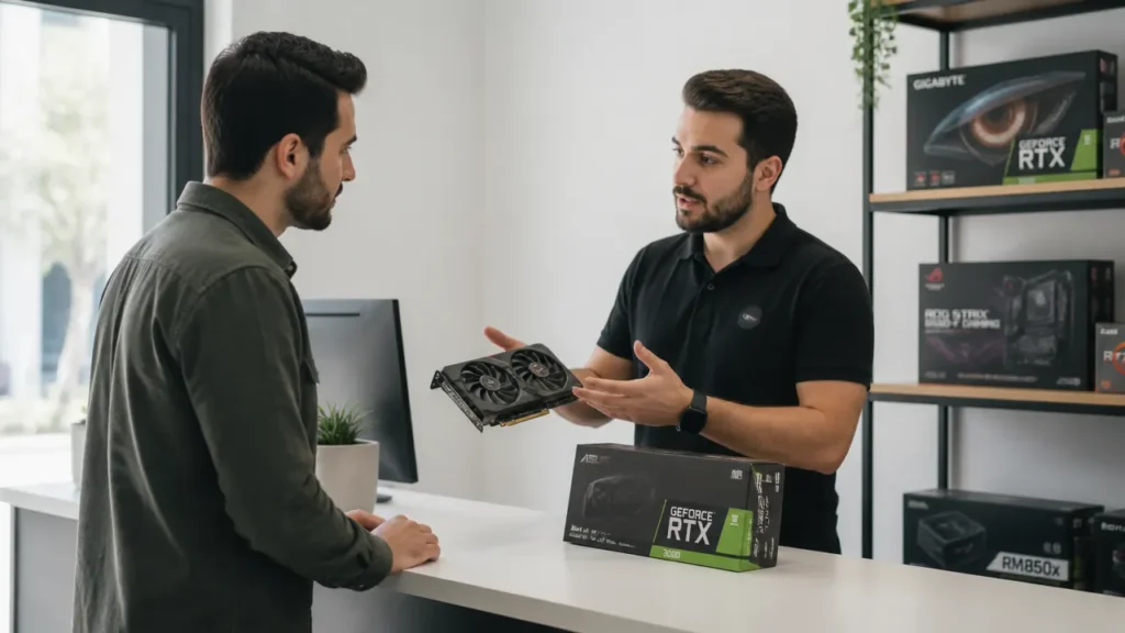 فروشنده در حال توضیح درباره کارت گرافیک