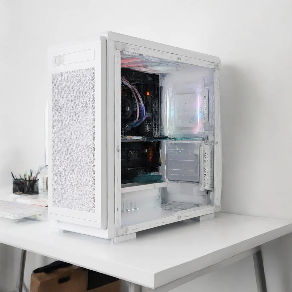 نمای مفهومی میز کار مدرن در کنار کیس کامپیوتر ایکس پی جی Valor Air Plus ARGB Mid Tower سفید
