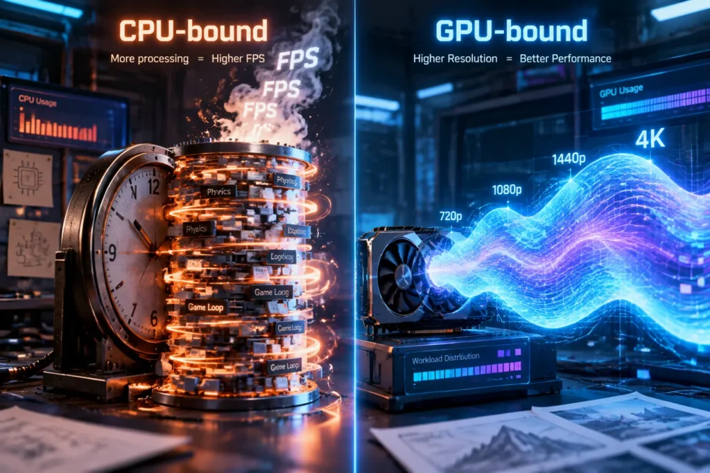 تصویر مفهومی ارتباط CPU و FPS در بازیها با نمایش تفاوت CPU-bound و GPU-bound در رزولوشنهای مختلف