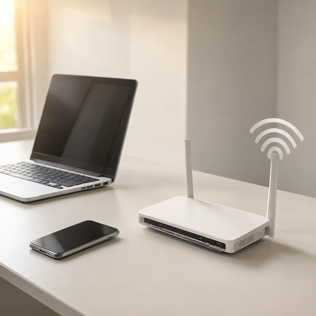 میز کار خانگی با مودم روتر 4G LTE کودی مدل LT400 و تجهیزات متصل