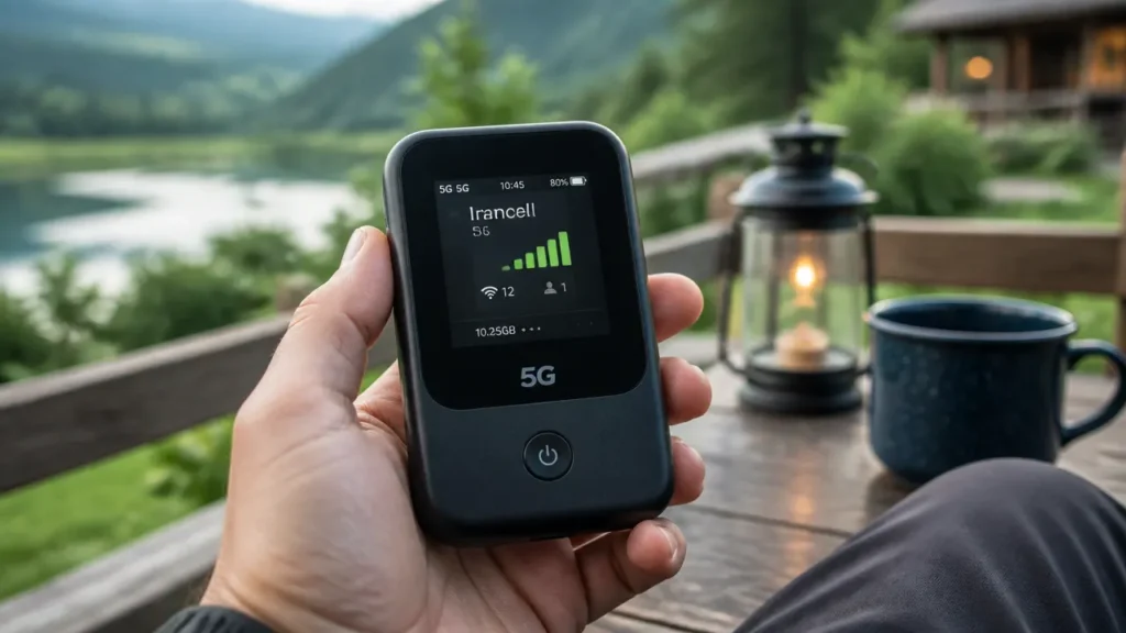 کاربر در حال استفاده از مودم جیبی 5G در فضای باز