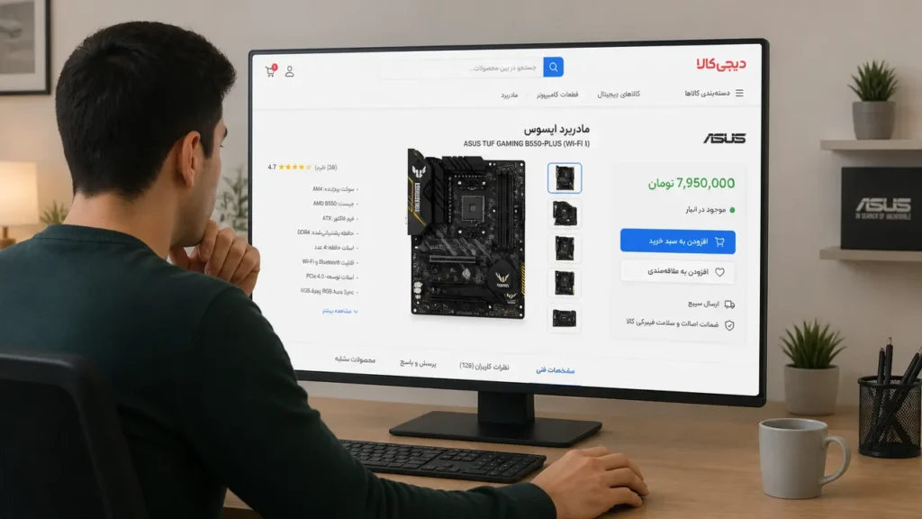 کاربر در حال انتخاب مادربرد ایسوس در فروشگاه آنلاین