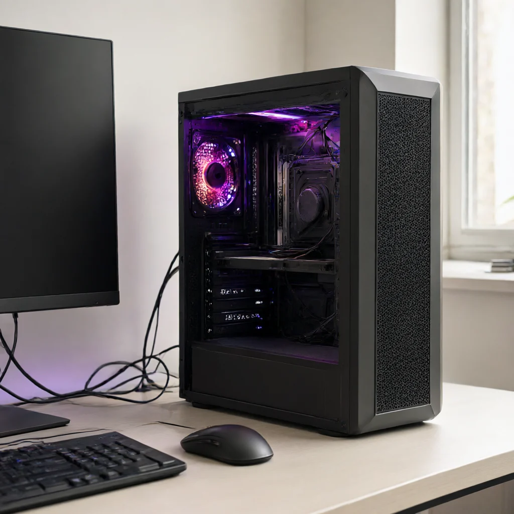 نمایی مفهومی از میز کار با کیس کامپیوتر گرین GRIFFIN G3 Plus RGB Mid Tower مشکی