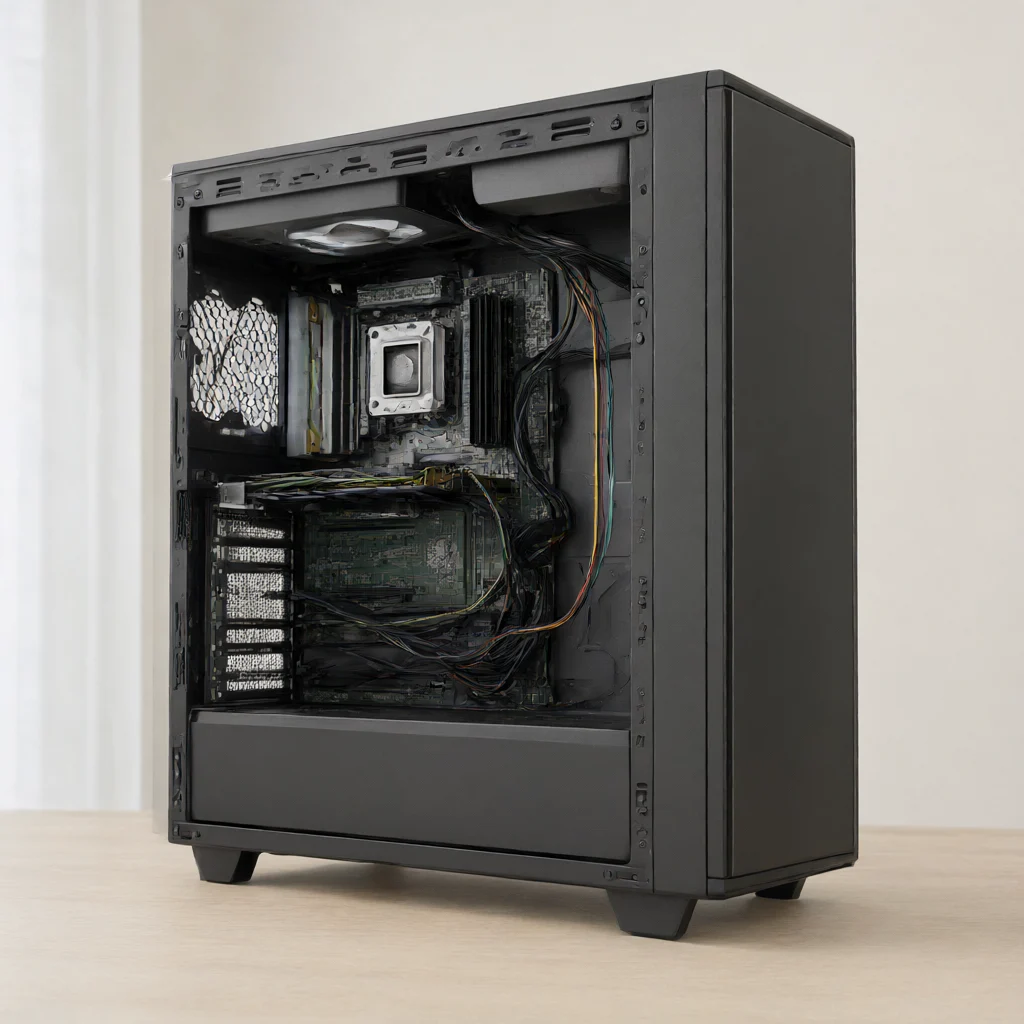 میز کار مرتب با کیس رایانه و مسیر جریان هوا در کنار کیس گرین مدل GRIFFIN G7